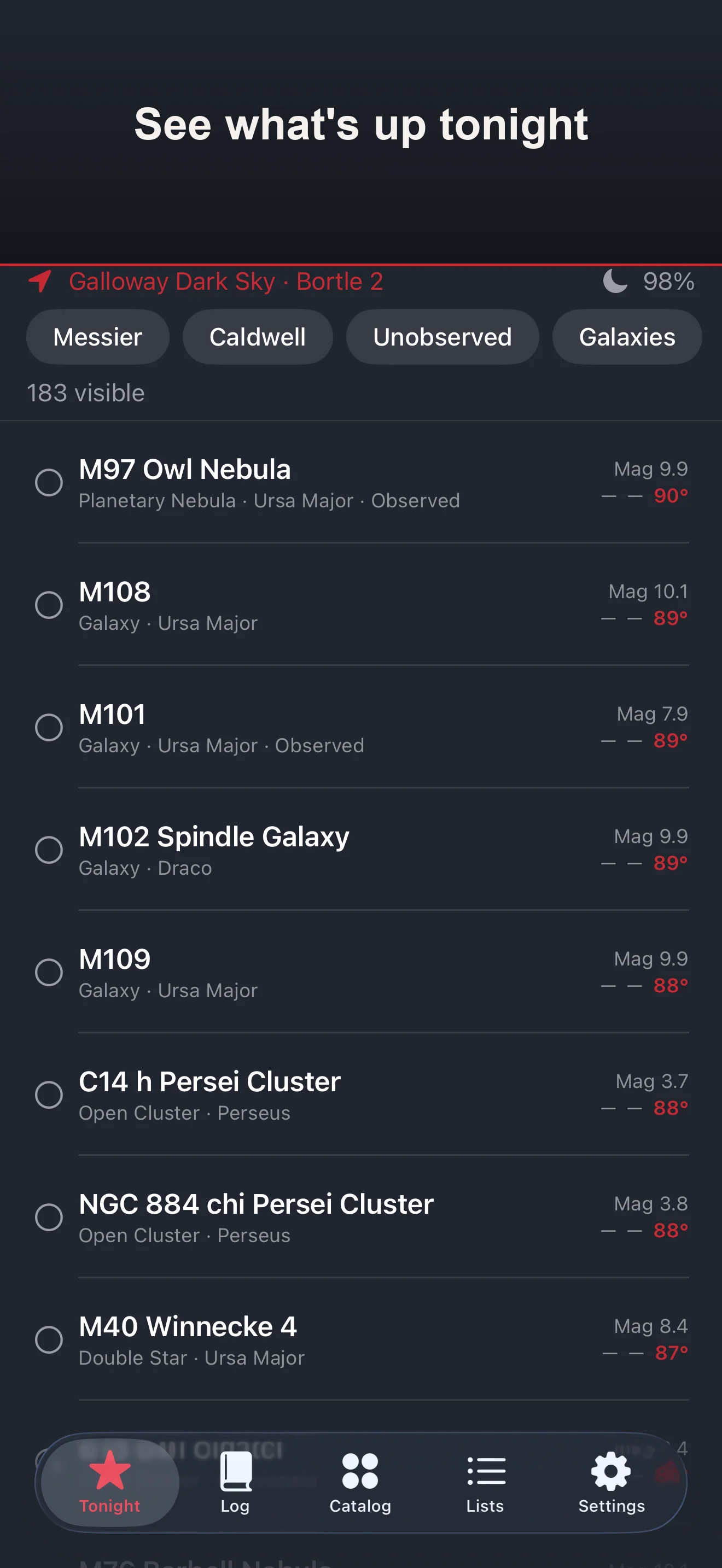 Tonight planner showing which deep-sky objects are visible, with rise, set and transit times