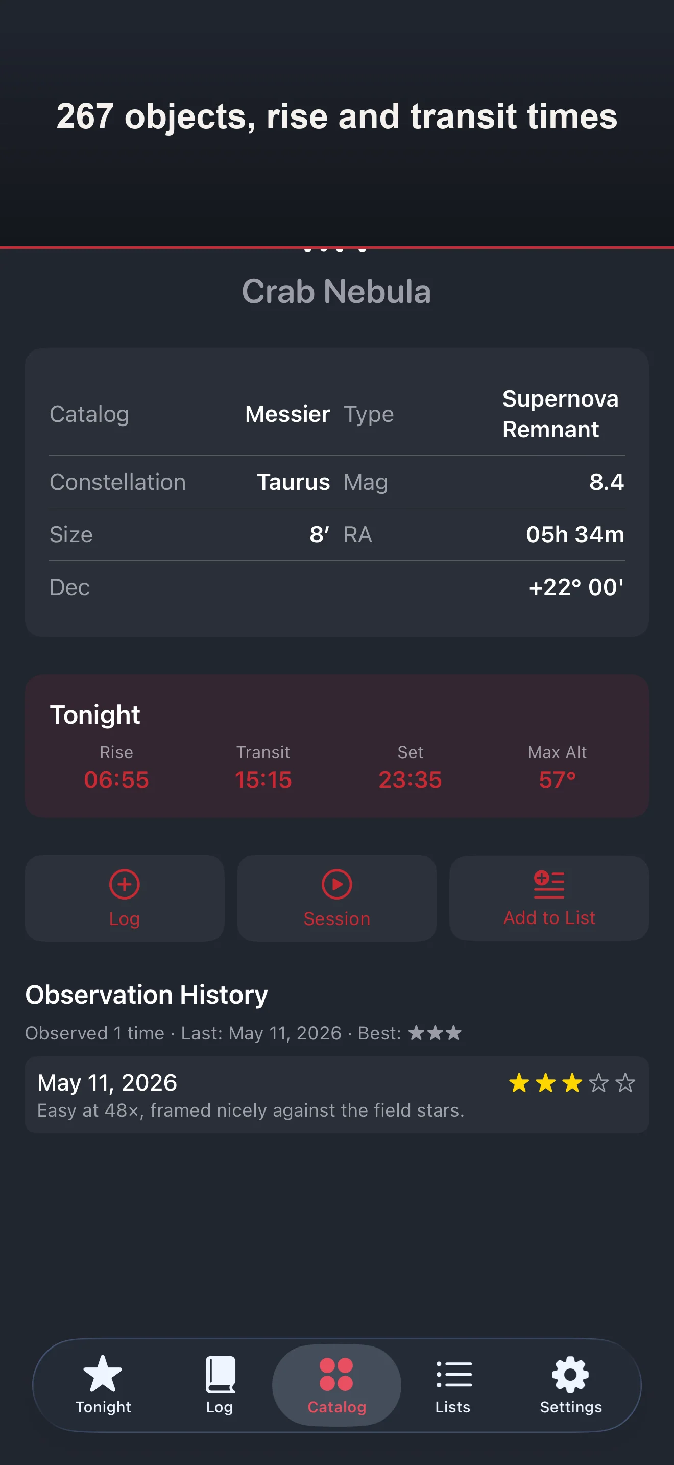 Catalog object detail with tonight's rise/set/transit and observation history
