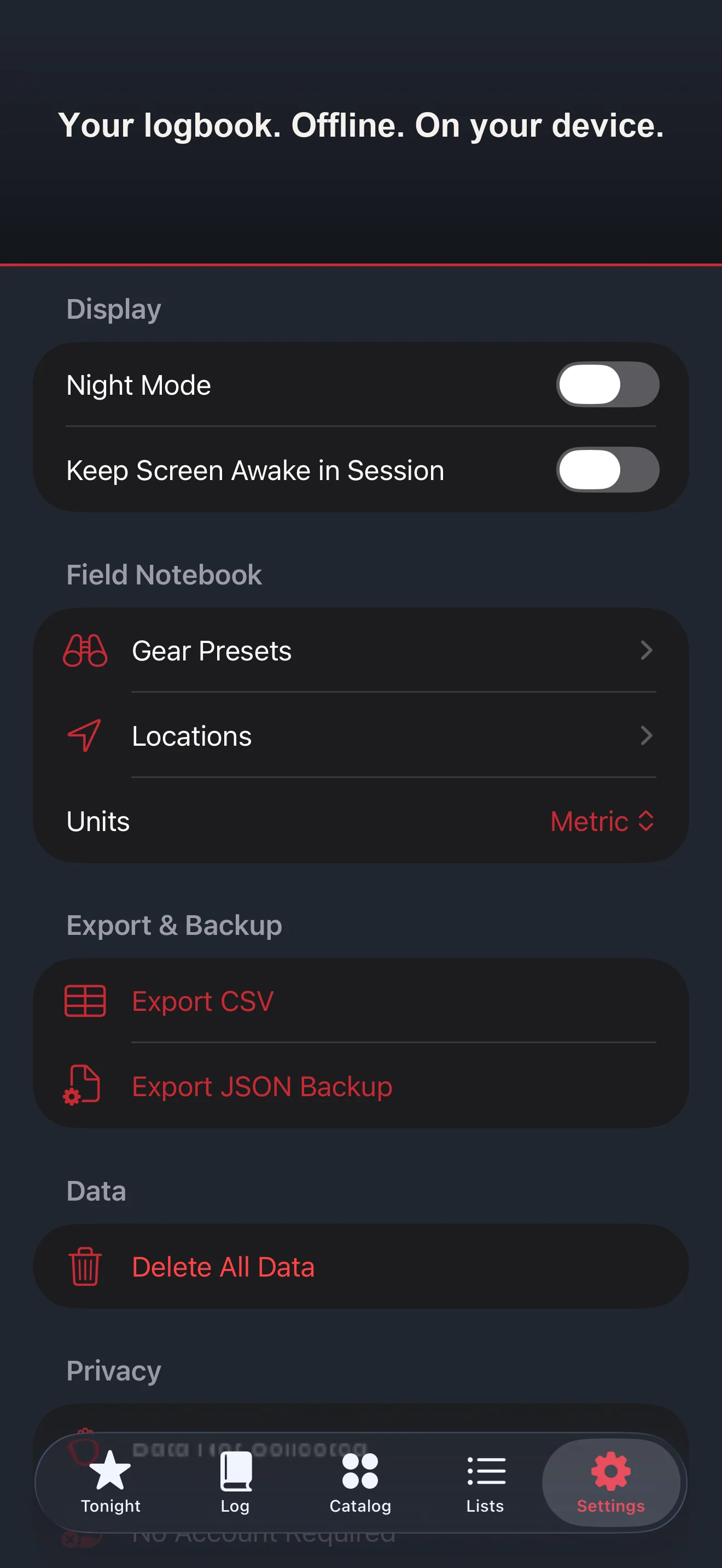Settings with night-mode toggle, gear presets, locations and export