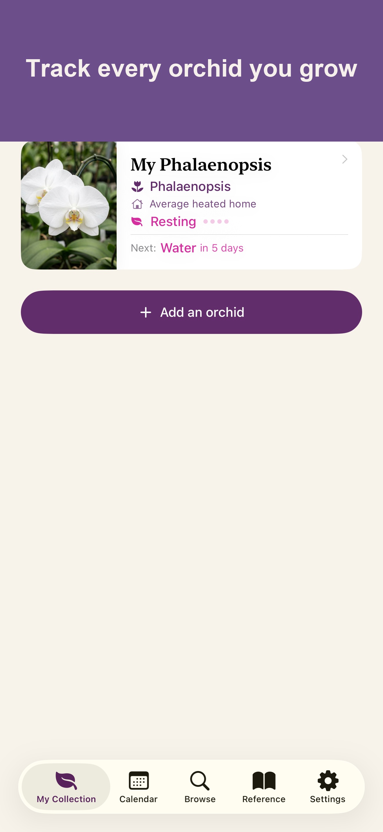 My Orchids tab showing a collection of added orchids with care status