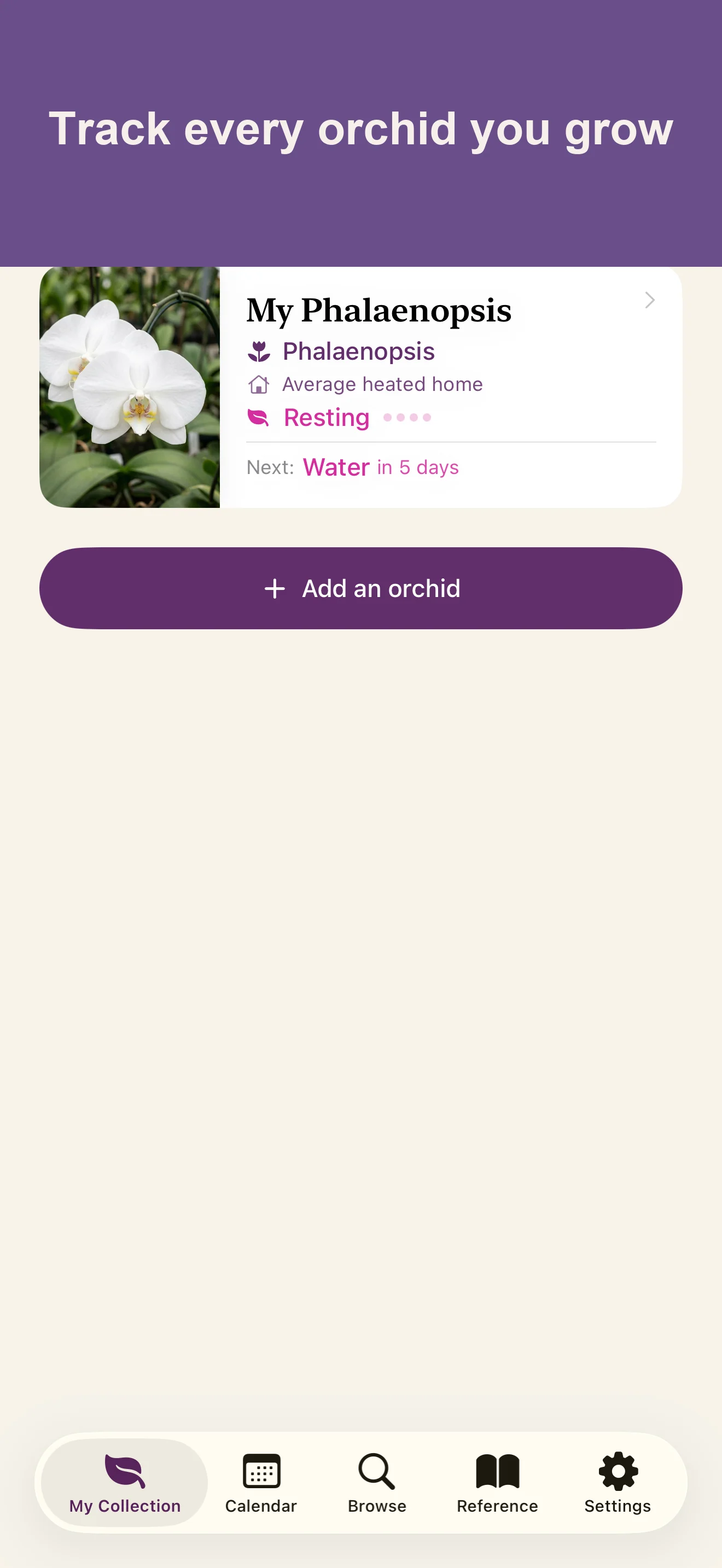 My Orchids tab showing a collection of added orchids with care status