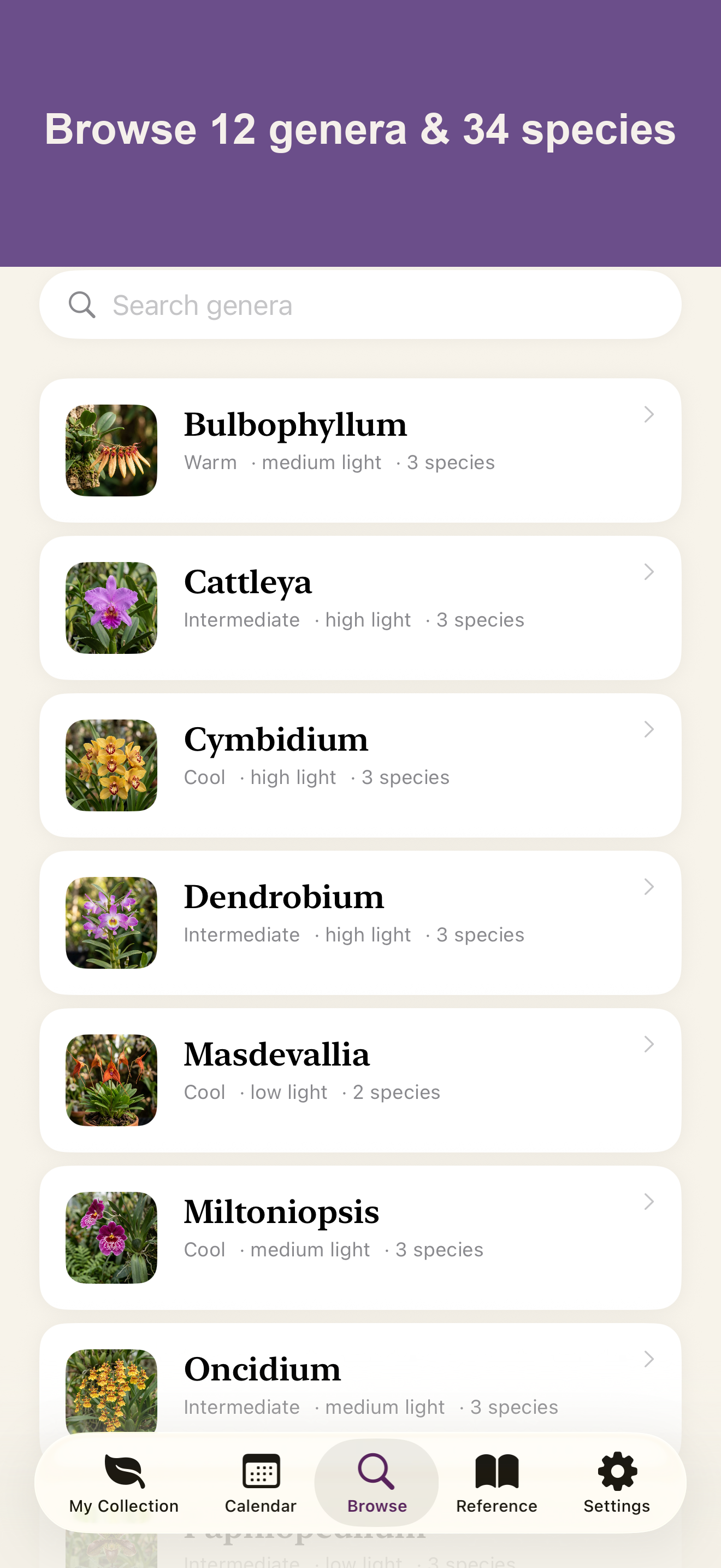 Browse the orchid library by genus and species