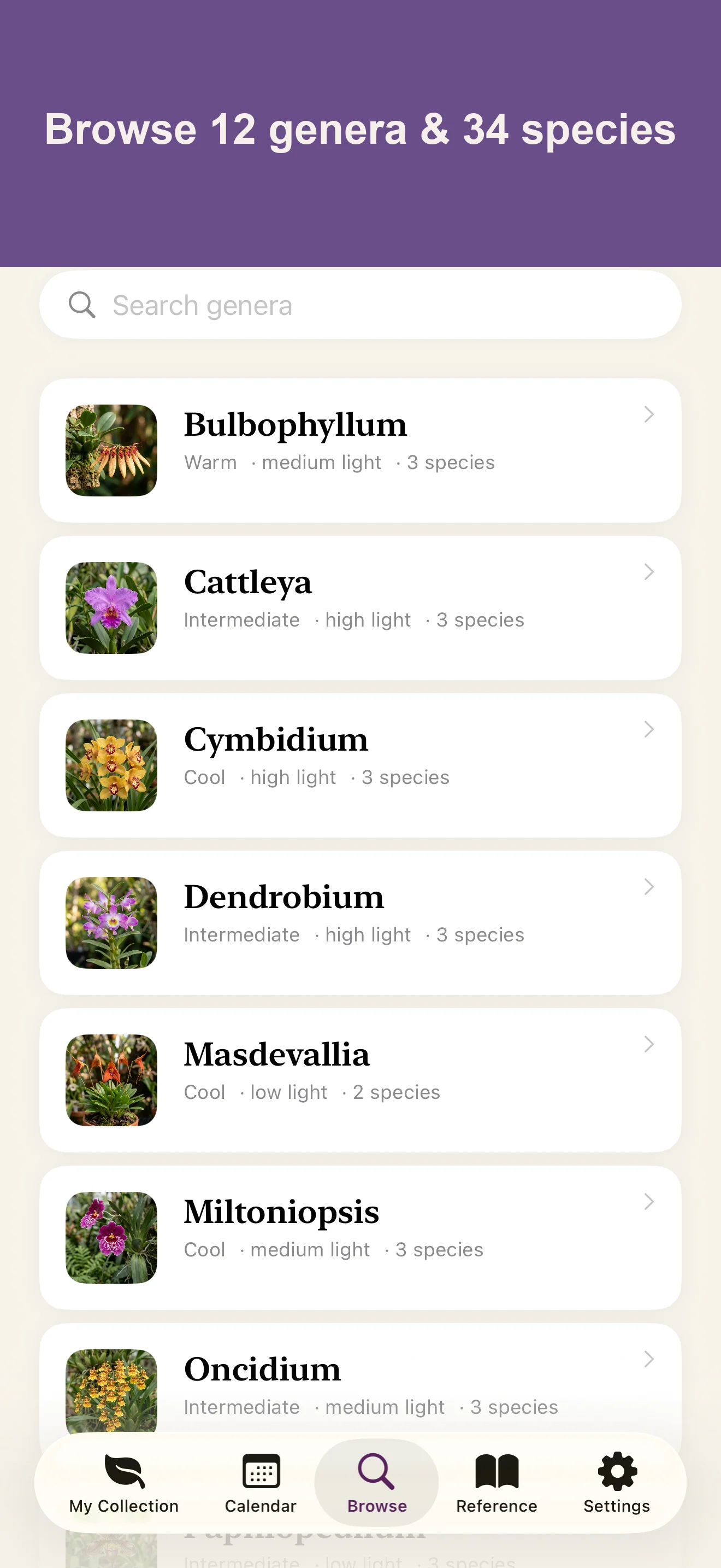 Browse the orchid library by genus and species