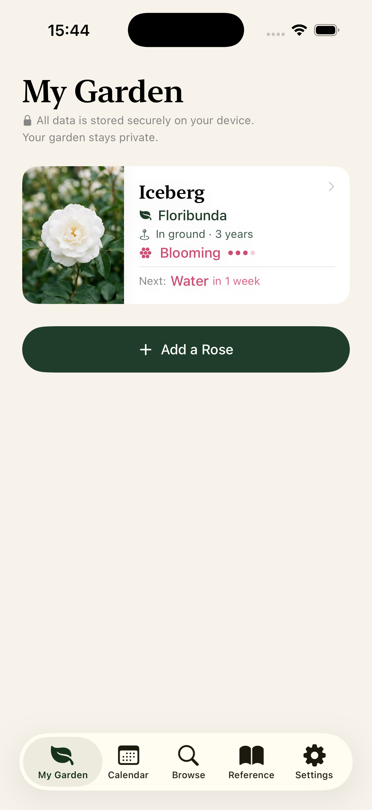 My Garden tab showing a list of added rose plants with care status indicators