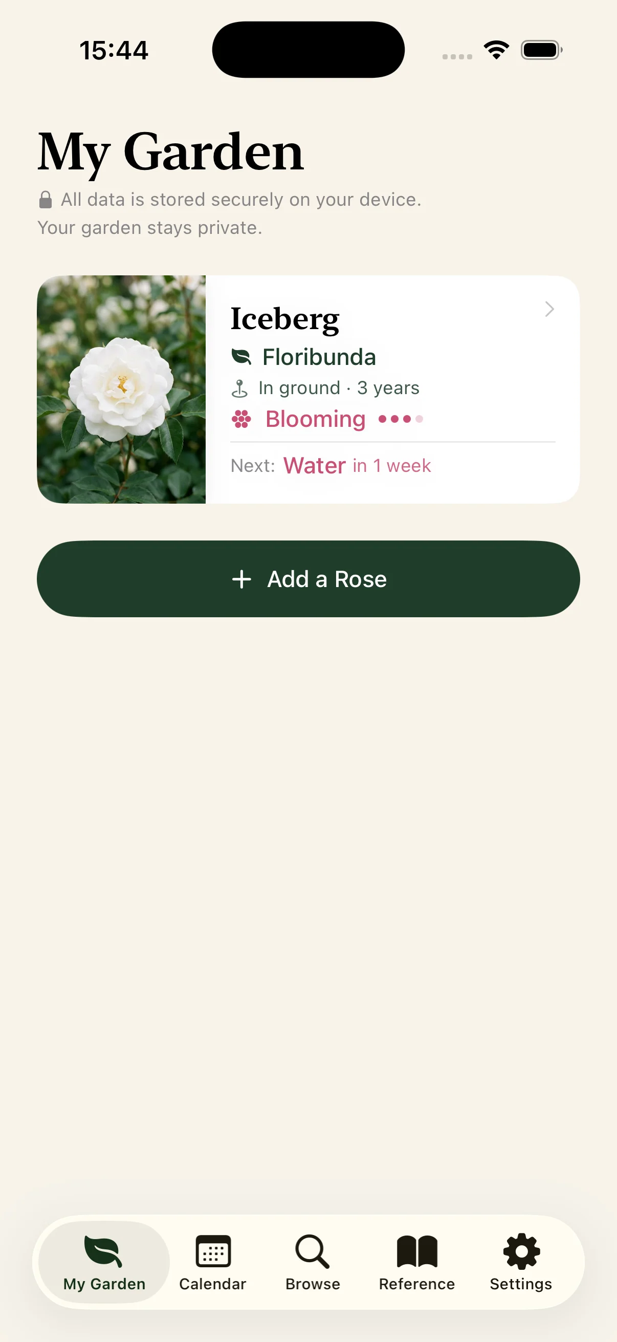 My Garden tab showing a list of added rose plants with care status indicators