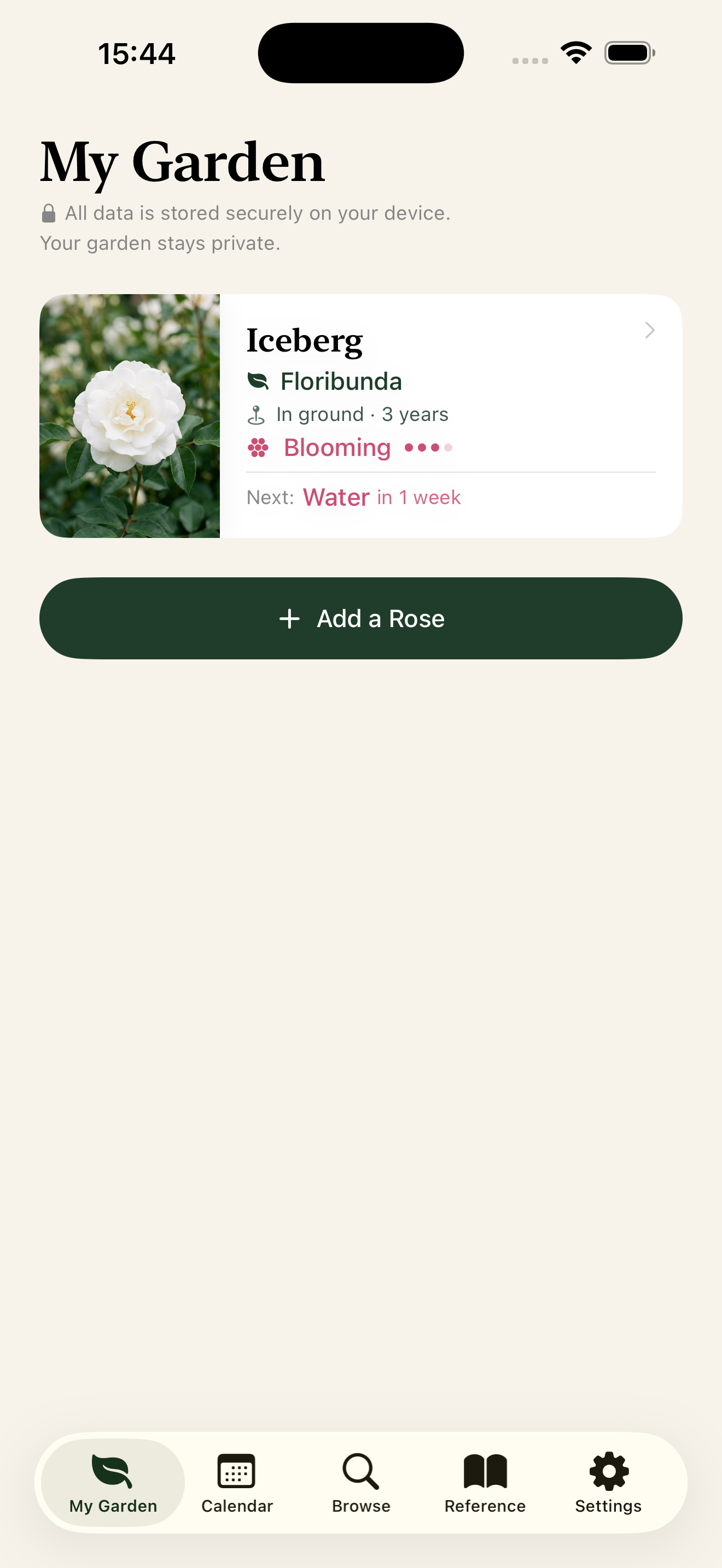 My Garden on a larger iPhone showing the rose detail sidebar