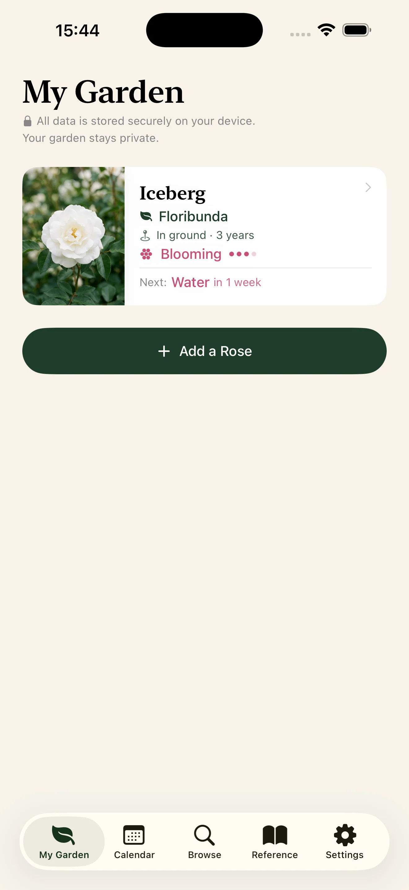 My Garden on a larger iPhone showing the rose detail sidebar