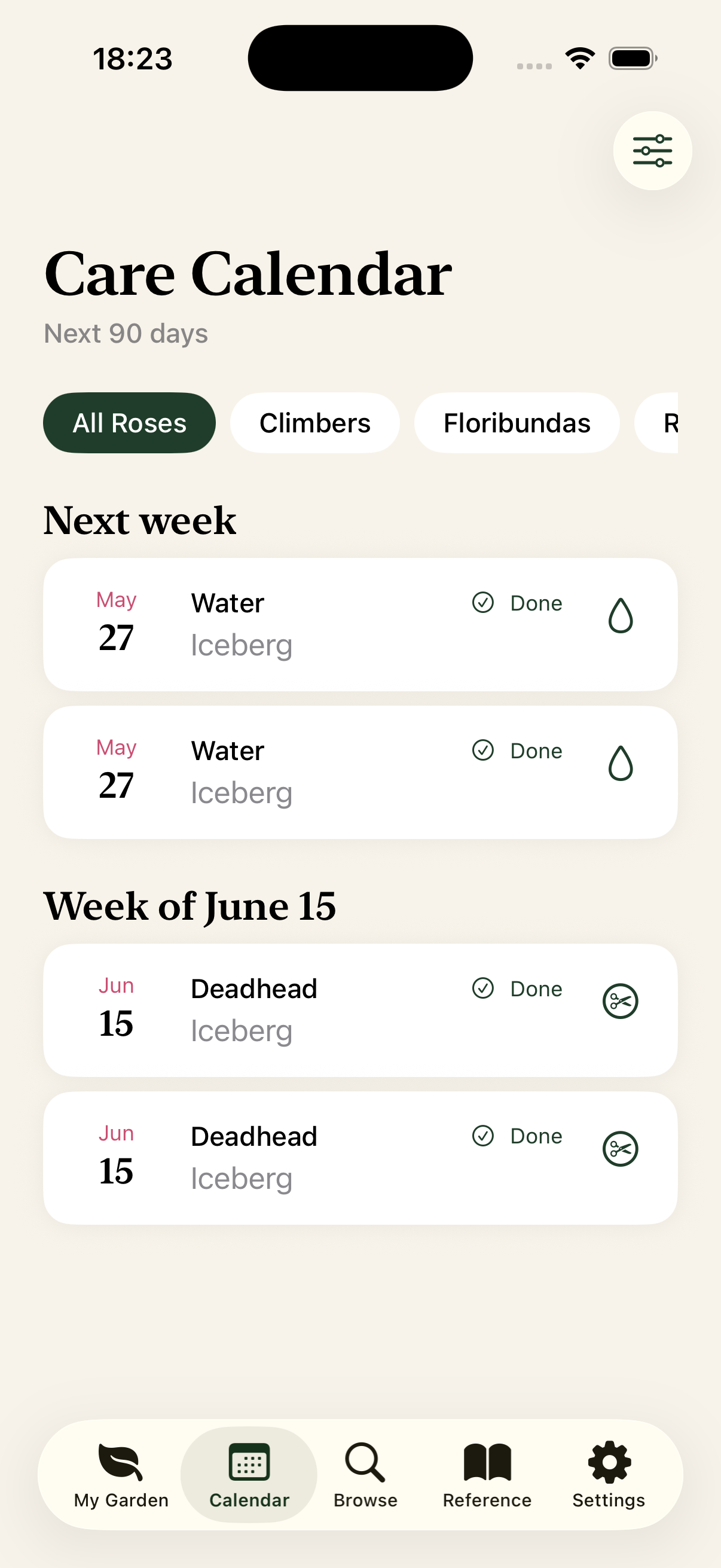 Care Calendar tab showing upcoming pruning and feeding reminders by week
