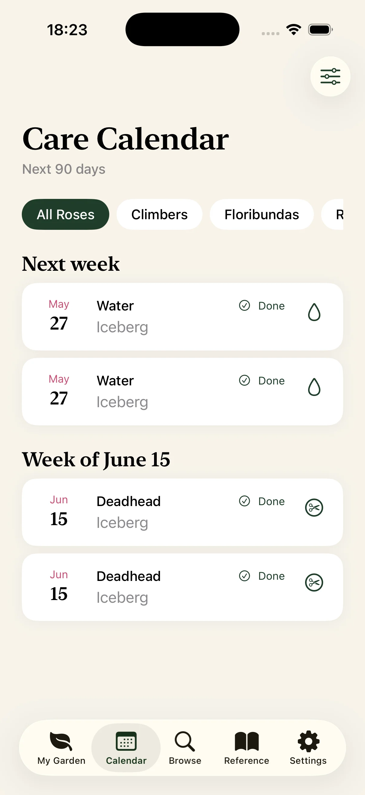 Care Calendar tab showing upcoming pruning and feeding reminders by week