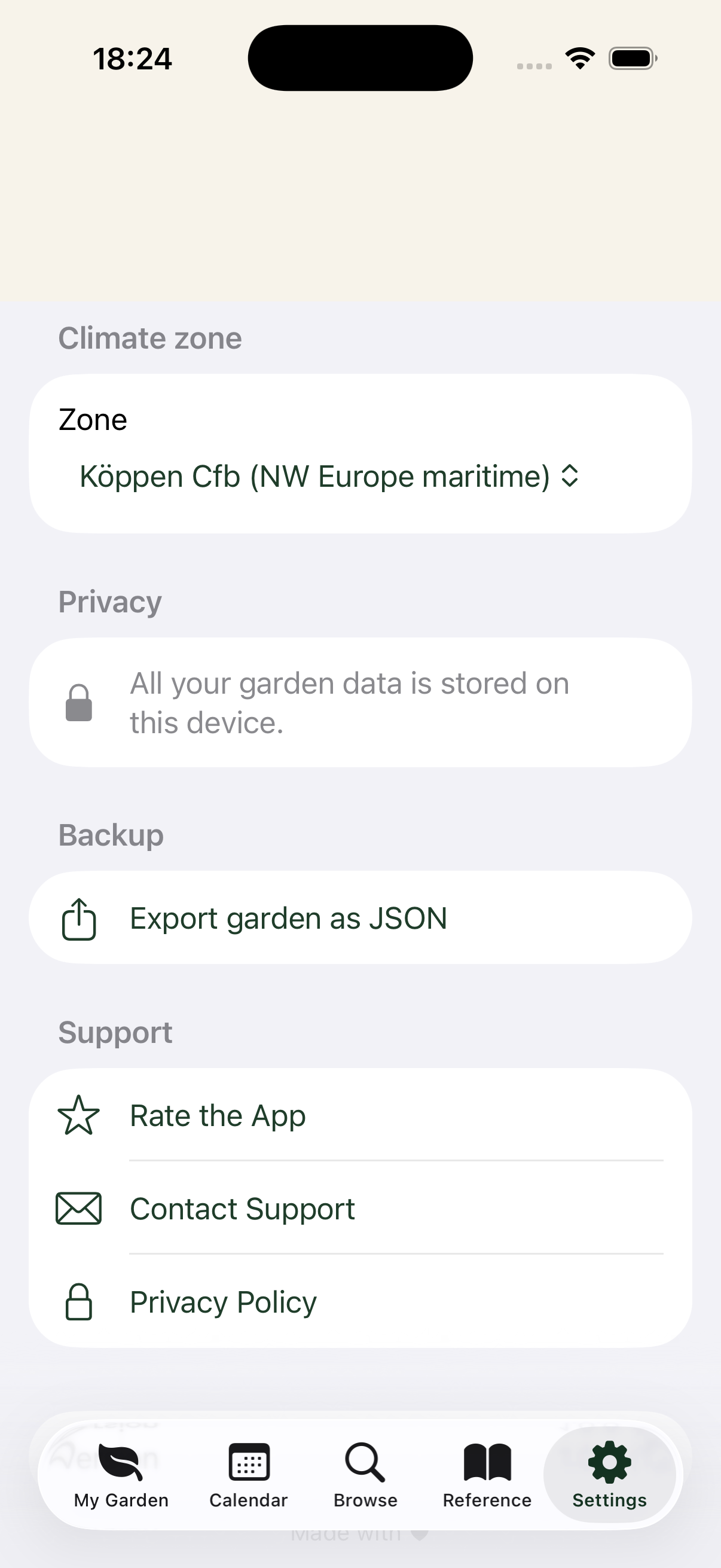 Settings screen with climate zone picker, export, and privacy options
