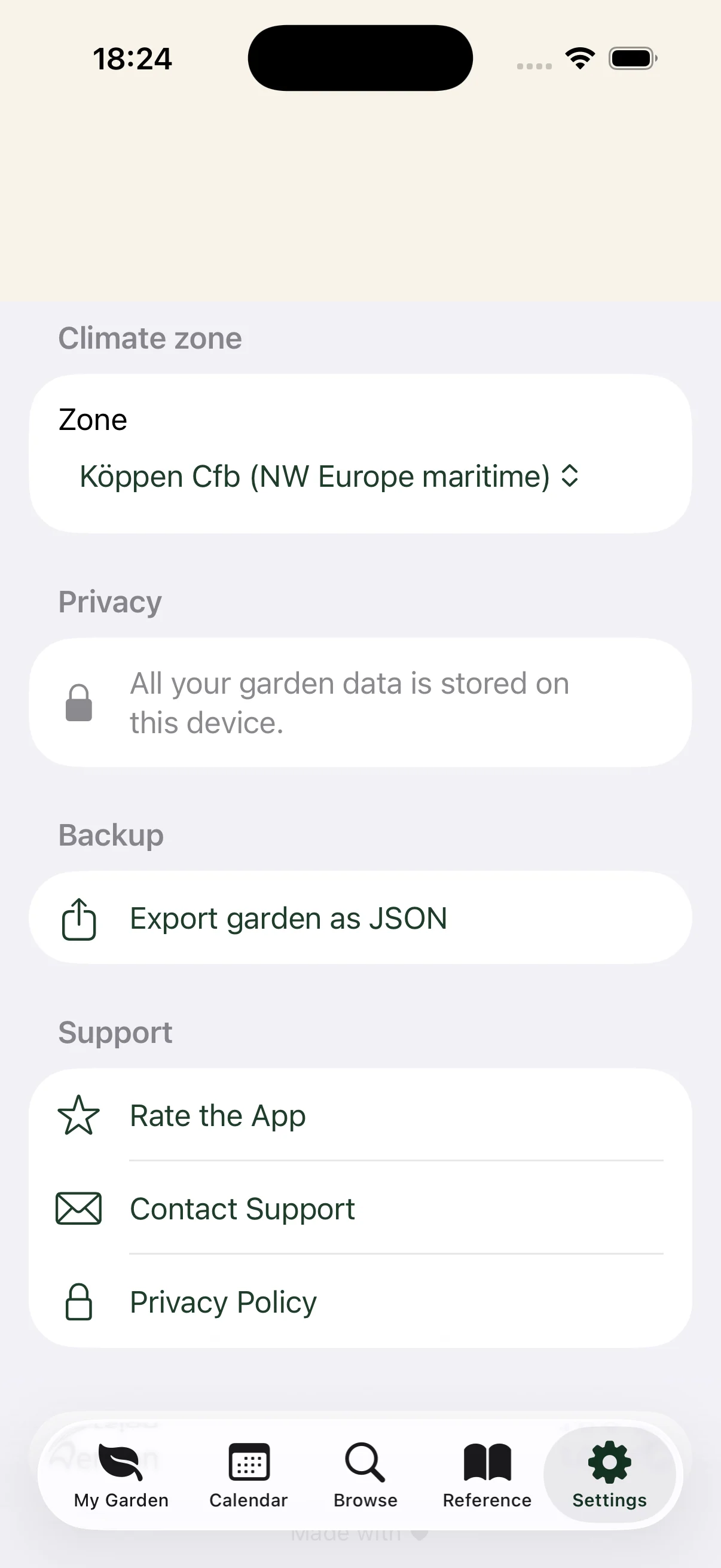 Settings screen with climate zone picker, export, and privacy options