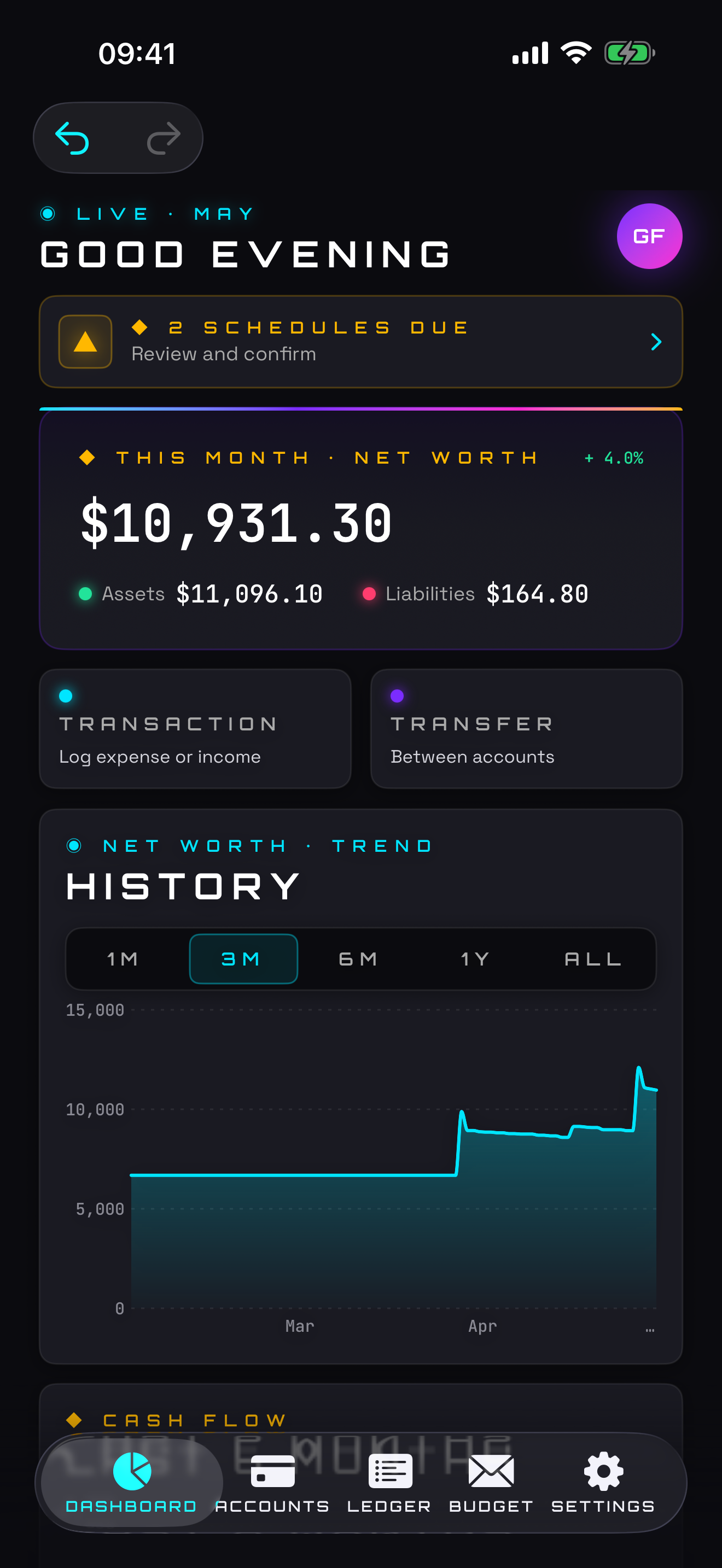 Franc dashboard on iPhone showing net worth, asset/liability split and monthly cash flow