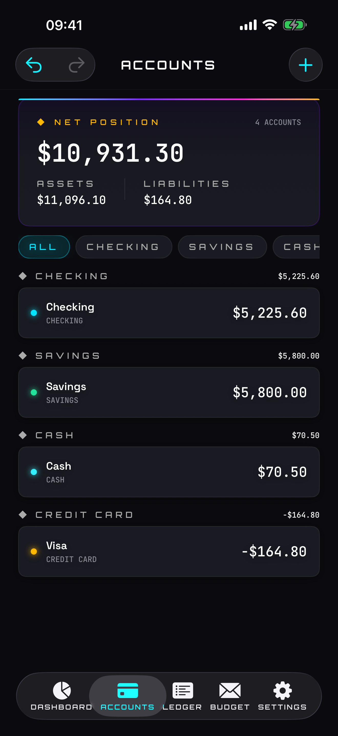 Accounts overview — checking, savings, cash, credit card, loan, investment