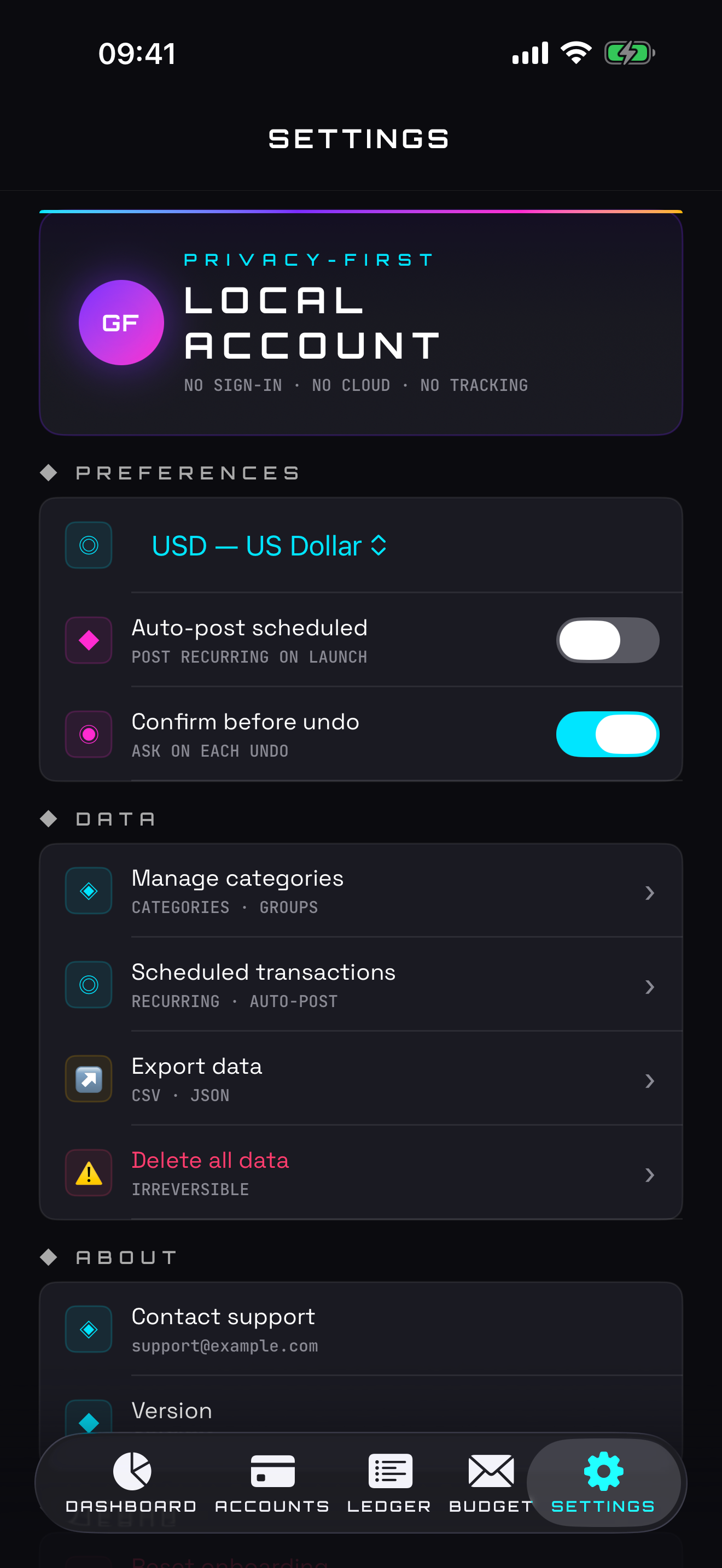 Settings — currency, export, privacy and offline-only storage