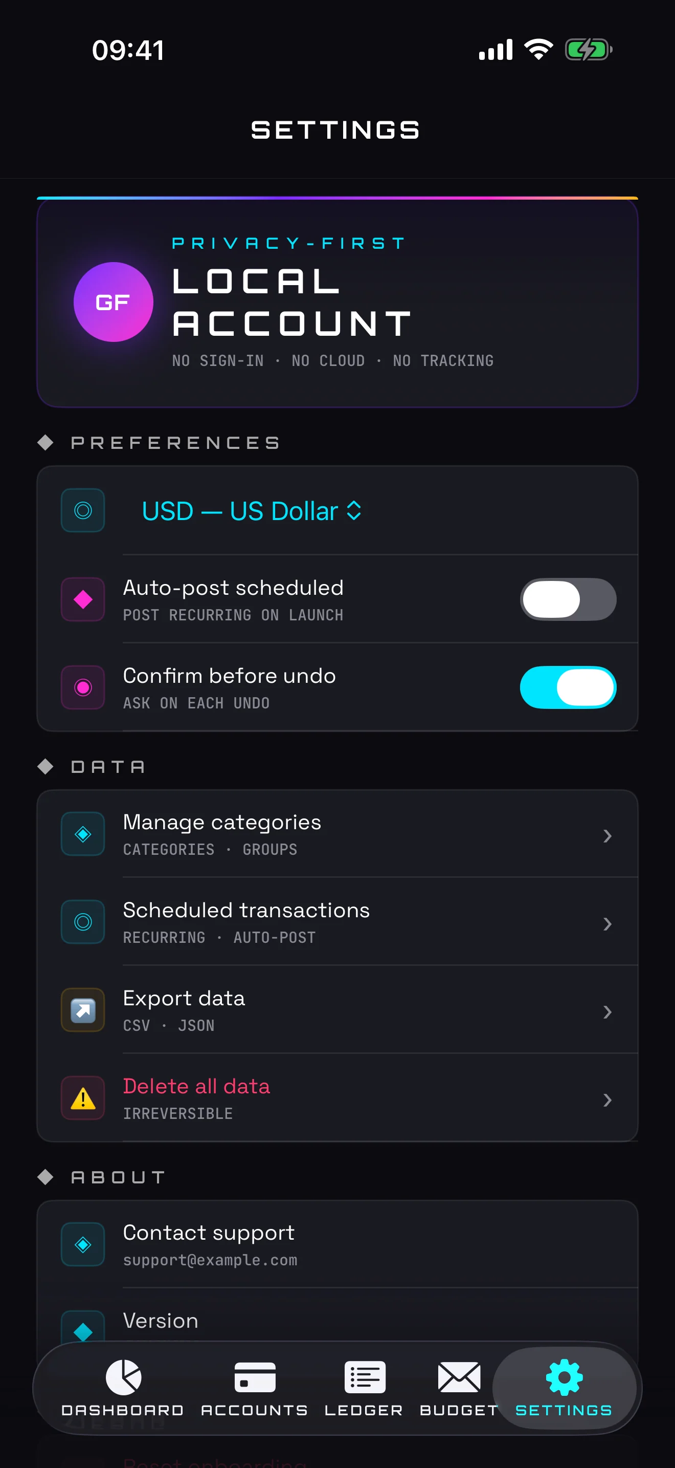 Settings — currency, export, privacy and offline-only storage
