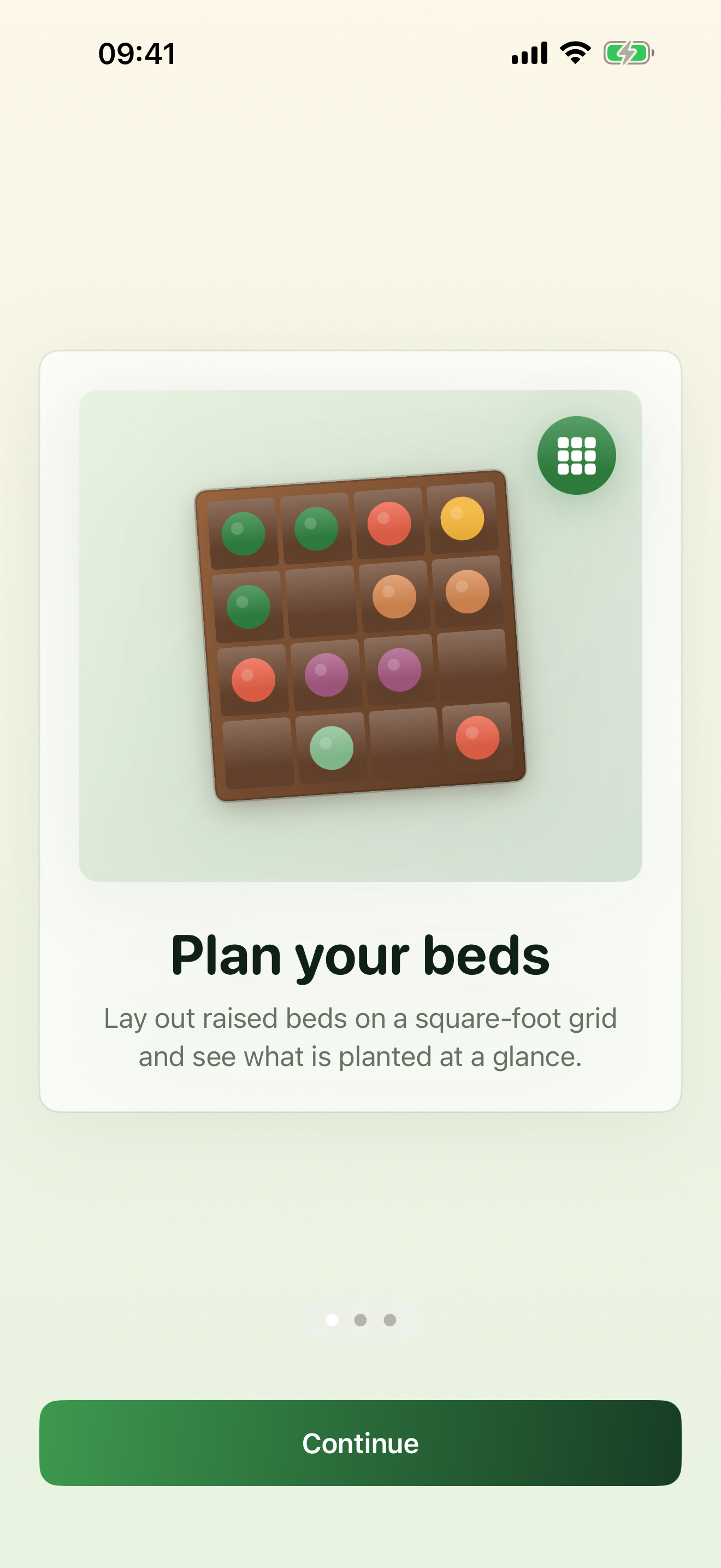 Onboarding screen explaining the square-foot raised bed concept