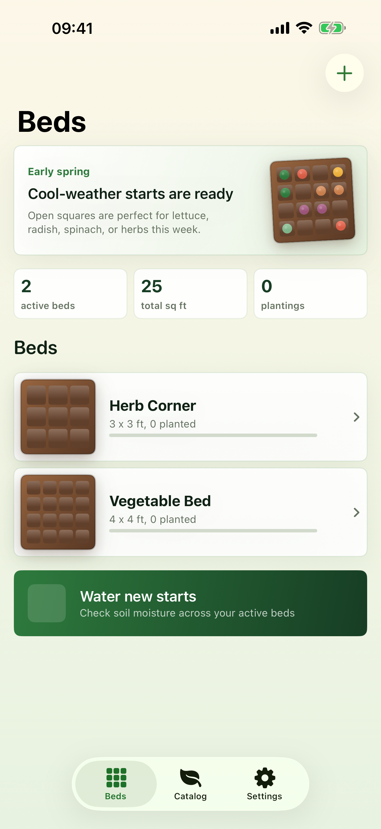 List of raised beds with size, plant count and last update