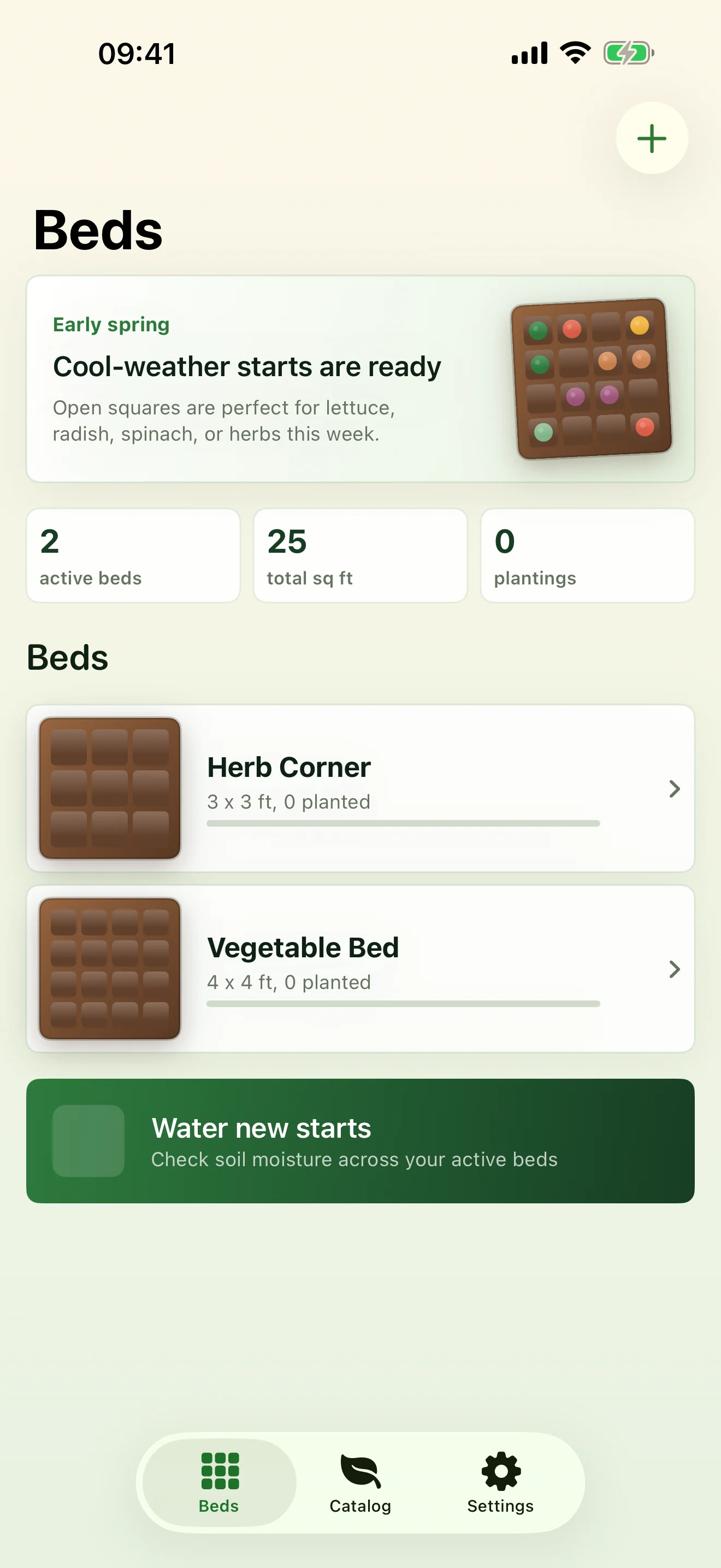 List of raised beds with size, plant count and last update