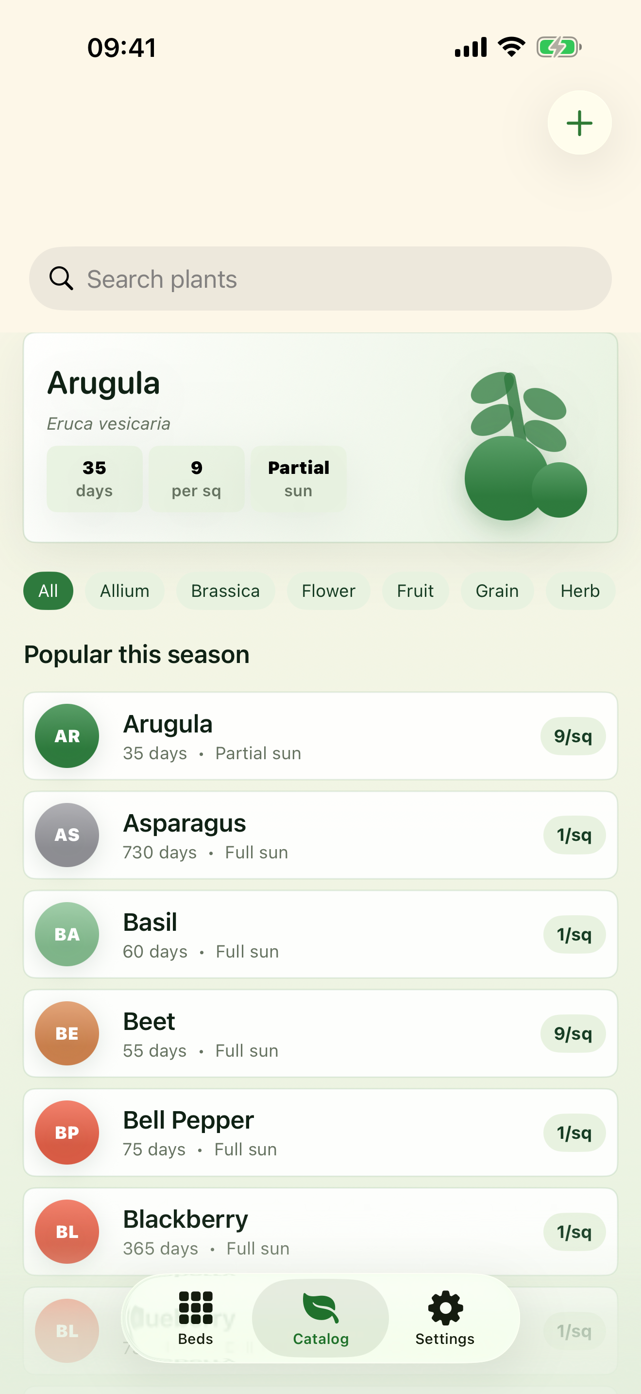 Plant catalog with companion-planting notes and spacing data