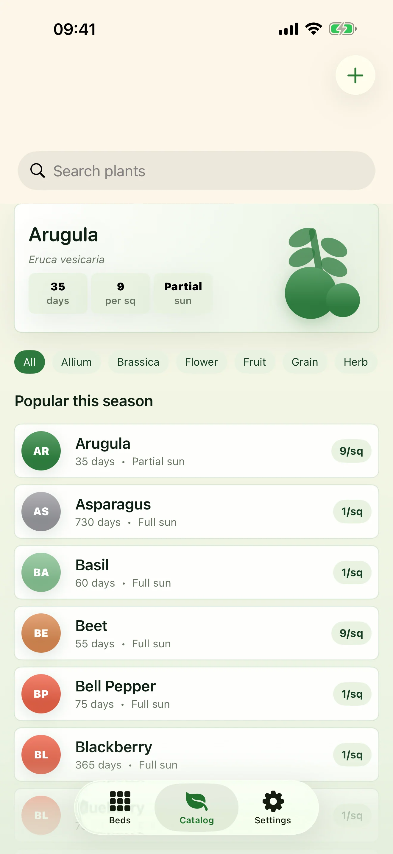 Plant catalog with companion-planting notes and spacing data